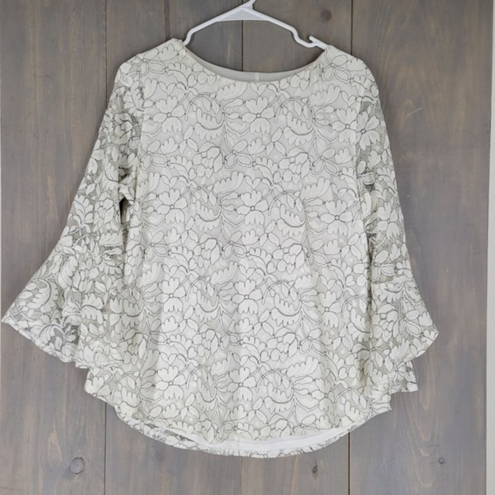 ELLE‎ Floral Lace Blouse Women Large White Black Bell Sleeve Floral Top Romantic